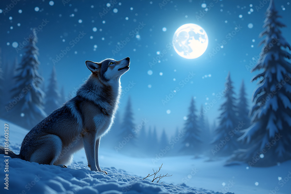Serene Lone Wolf Contemplating Under Winter Full Moon Serene Lone Wolf Contemplating Under Winter Full Moon
