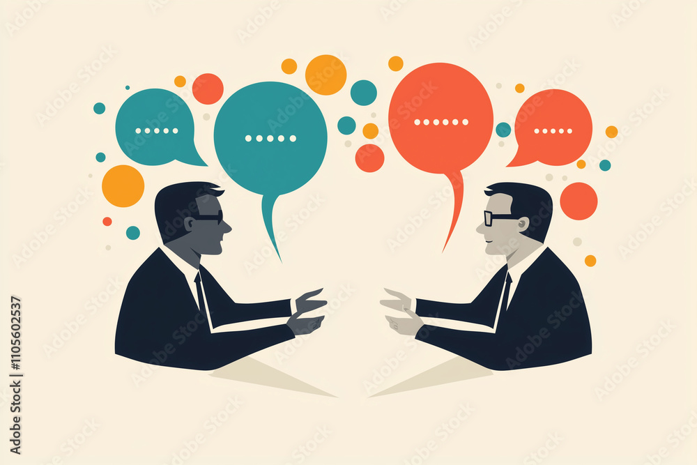 Business Team Brainstorm concept. Vector flat style abstract illustration of a two people leading a discussion with a lightbulb made above their heads. conversation communication dialogue partner Business Team Brainstorm concept. Vector flat style abstract illustration of a two people leading a discussion with a lightbulb made above their heads. conversation communication dialogue partner