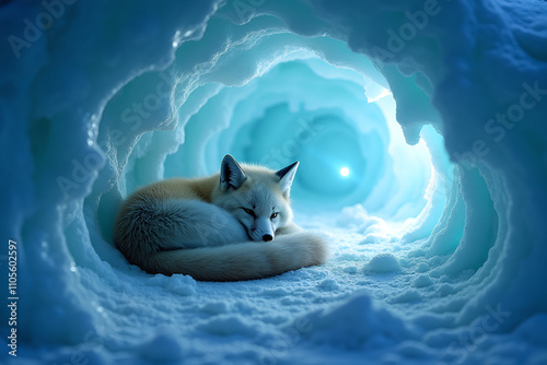 Peaceful Arctic Fox Sleeping Cozy in Ethereal Blue Ice Cave photo