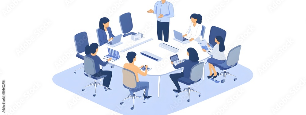 Naklejka premium A group of business people sitting around the conference table, listening to one person presenting their ideas in an isometric style vector illustration