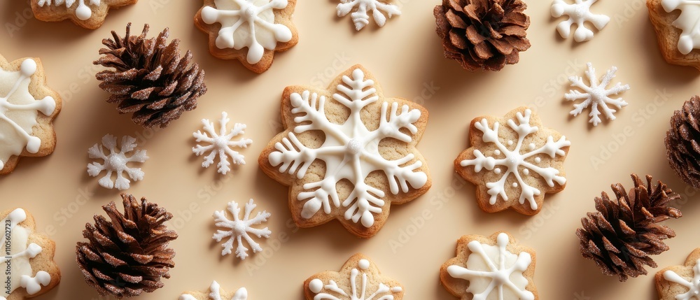 Pinecones and white snowflake cookies arranged on a frosted cream background focus on cozy winter snacks theme vibrant composite festive kitchen countertop backdrop Pinecones and white snowflake cookies arranged on a frosted cream background focus on cozy winter snacks theme vibrant composite festive kitchen countertop backdrop