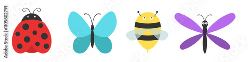 Flying insect icon line set. Dragonfly, Bee bumblebee, Ladybug, Butterfly, lady bug ladybird. Cute cartoon kawaii funny baby character. Happy Valentines Day. Flat design. White background. Vector