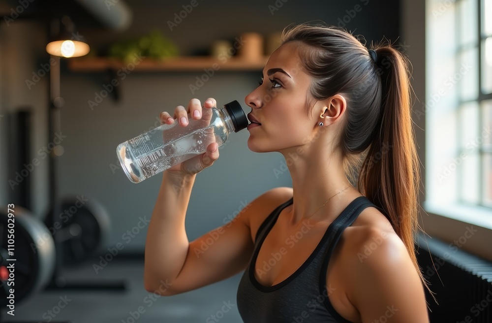 young woman in fitness studio, drinking from sports bottle with water, loft interior, soft light, copy space young woman in fitness studio, drinking from sports bottle with water, loft interior, soft light, copy space