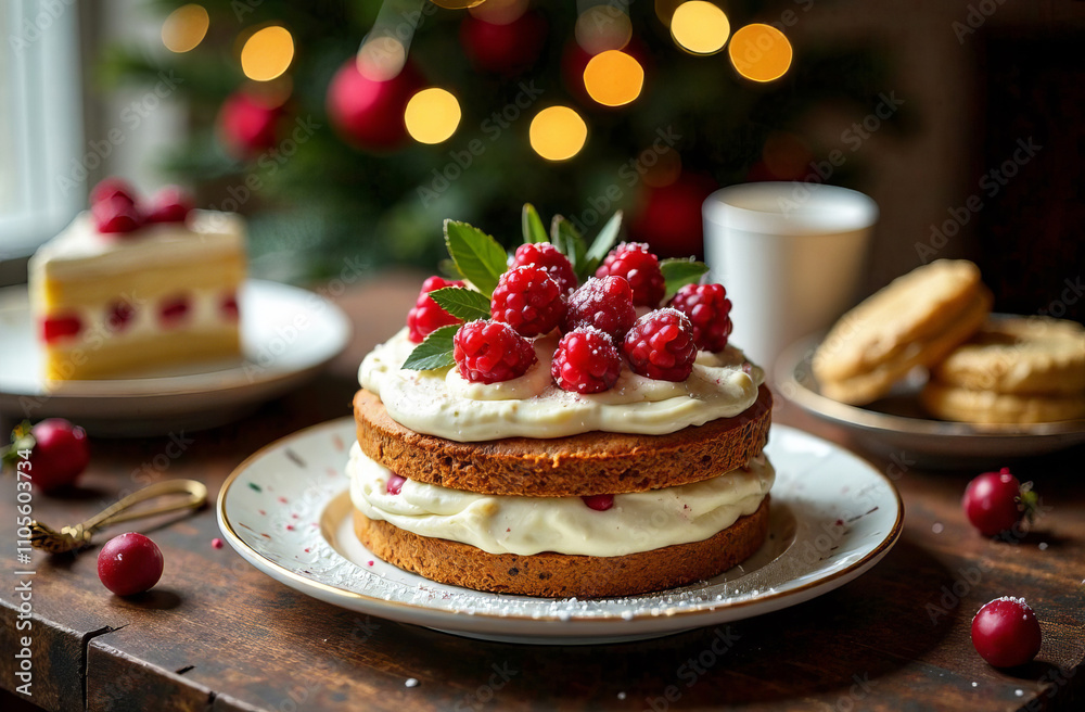 Christmas cream cake on the Christmas table. Christmas cream cake on the Christmas table.