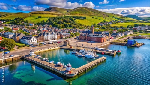 Aerial View of Campbeltown Central Square by the Ferry Terminal and Marina Entrance, Showcasing Scenic Scottish Coastal Architecture and Vibrant Community Life photo