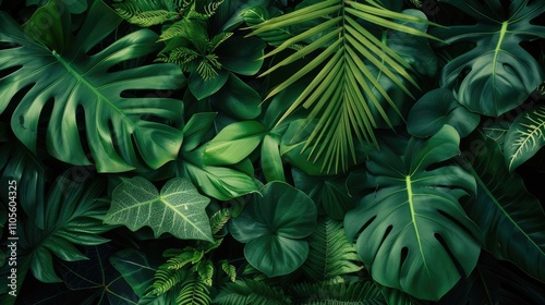 Tropical green leaves close-up: nature abstract background in dark tone.