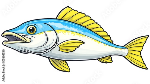 A clip art of a cartoon-style fish swimming in a wave pattern on a white background