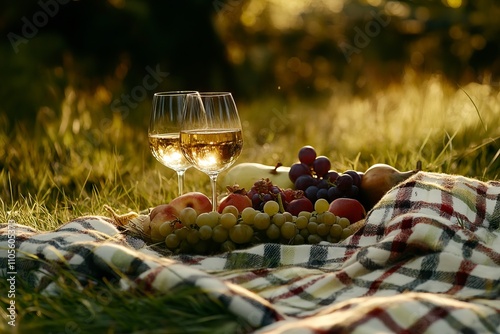 picnic  plaid, grass, fruit, wine, side view photo