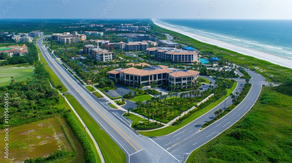 Naklejka premium Office complex with several buildings near the beach Asphalt road that crosses the area background wallpaper AI generated image
