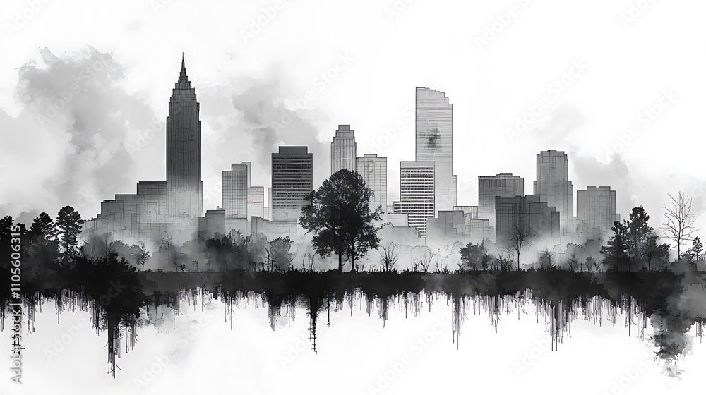 Obraz premium Monochrome city skyline illustration with trees and water effect at the bottom.