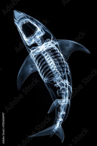 X-ray Image of a Shark Skeleton against a Black Background