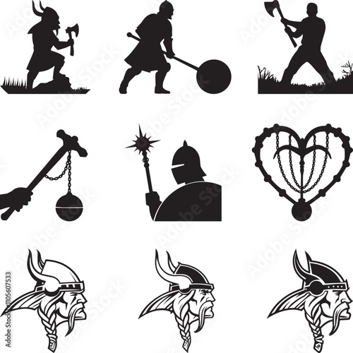 Editable vector silhouettes of a Viking raiding party, helmet, and Flail weapons as separate objects