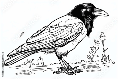 A cartoon crow in a coloring page features detailed feathers among grass and flowers photo