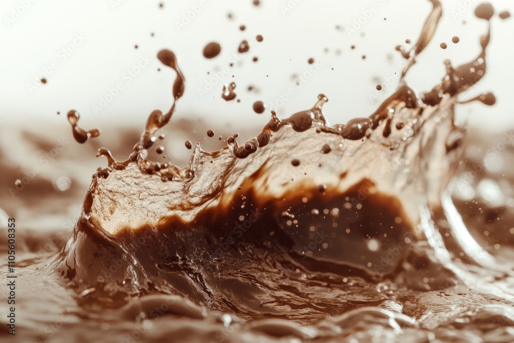 A detailed view of a deep brown liquid splash in motion, revealing a complex pattern that captures movement and blends rich hues with textural depth. A detailed view of a deep brown liquid splash in motion, revealing a complex pattern that captures movement and blends rich hues with textural depth.