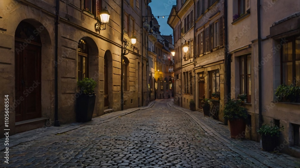 Narrow cobblestone street at night in an ancient European town Narrow cobblestone street at night in an ancient European town