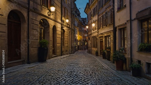 Narrow cobblestone street at night in an ancient European town