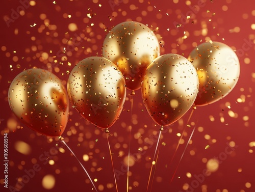 2025 metallic gold balloons on a red surface with scattered golden confetti selective focus New Year s celebration theme dynamic blend mode rooftop fireworks backdrop photo