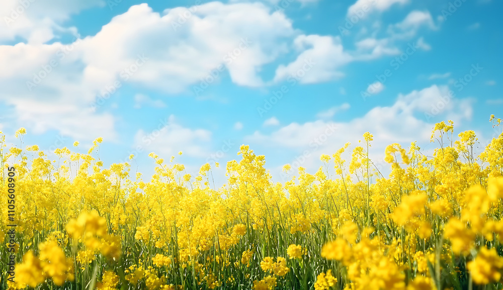 Yellow rapeseed field against blue sky nature background. Blooming canola flowers. Yellow rapeseed field against blue sky nature background. Blooming canola flowers.