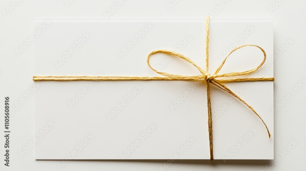 White card tied with gold twine bow. White card tied with gold twine bow.
