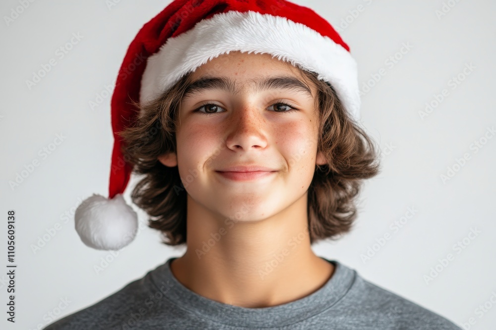 A cheerful youth wearing a bright Santa hat, embodying festive joy and warmth, exuding a sense of holiday spirit with a friendly and inviting smile. A cheerful youth wearing a bright Santa hat, embodying festive joy and warmth, exuding a sense of holiday spirit with a friendly and inviting smile.