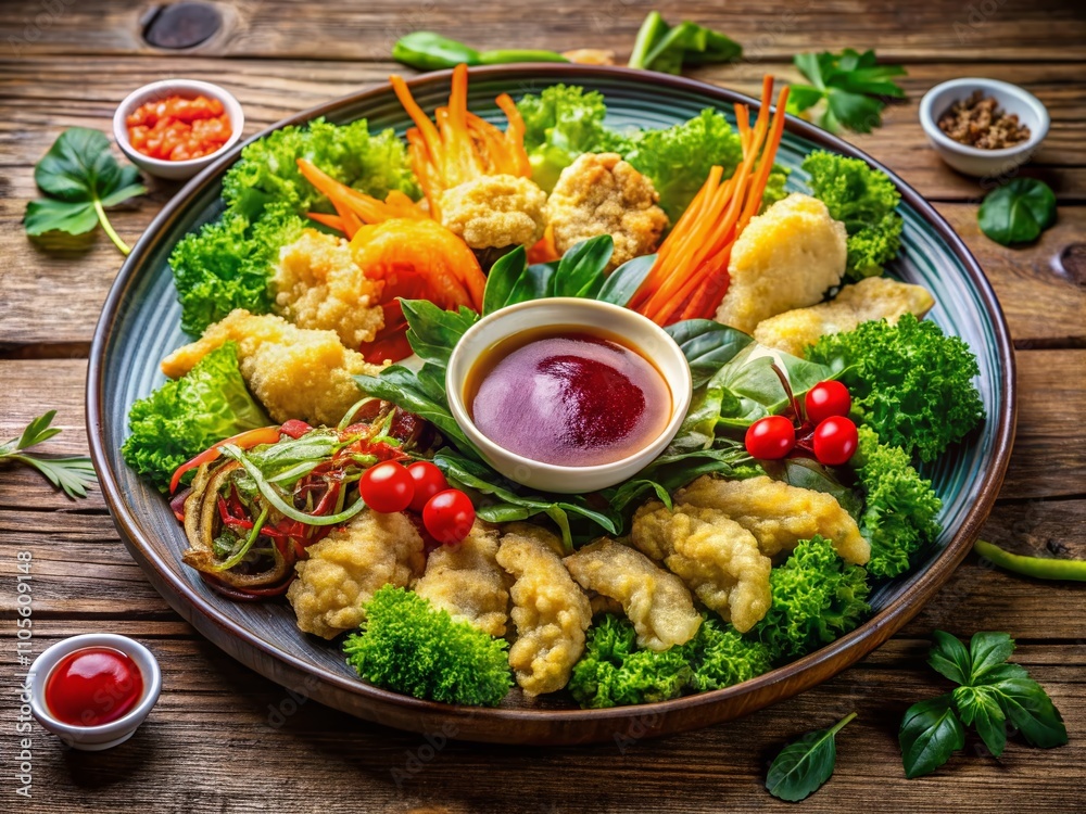 Aerial View of Crispy Vegetable Tempura Served with Dipping Sauce on a Wooden Table Surrounded by Fresh Vegetables and Herbs, Perfect for Culinary Photography and Food Blogs Aerial View of Crispy Vegetable Tempura Served with Dipping Sauce on a Wooden Table Surrounded by Fresh Vegetables and Herbs, Perfect for Culinary Photography and Food Blogs