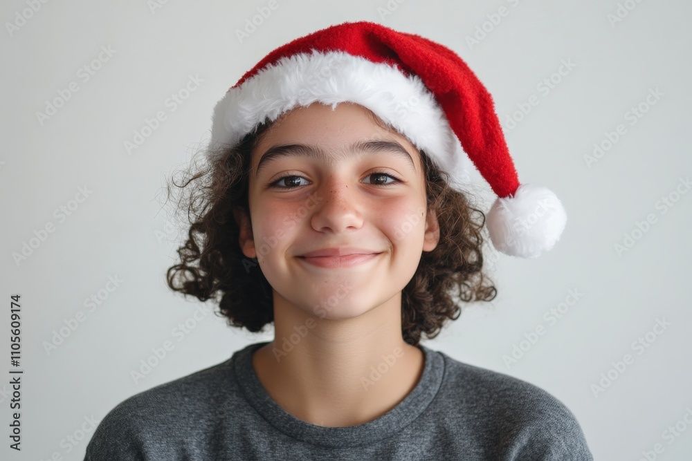 A cheerful child with curly hair smiles warmly while wearing a red and white Santa hat. The image exudes happiness and holiday spirit, perfect for festive occasions. A cheerful child with curly hair smiles warmly while wearing a red and white Santa hat. The image exudes happiness and holiday spirit, perfect for festive occasions.