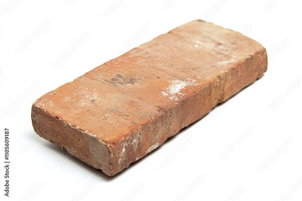Fototapeta premium This close-up image displays a flat rectangular red brick, emphasizing its worn and textured surface, ideal for projects requiring a vintage or industrial style.