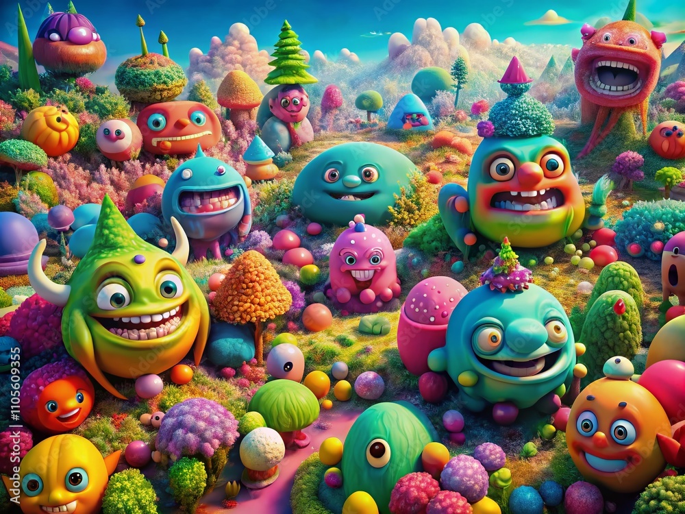 Aerial View of Cute Monster Characters and Funny Alien Creatures in a Whimsical Landscape Featuring Smiling Goblins, Ghosts, and Cartoonish Beasts with Silly Expressions Aerial View of Cute Monster Characters and Funny Alien Creatures in a Whimsical Landscape Featuring Smiling Goblins, Ghosts, and Cartoonish Beasts with Silly Expressions