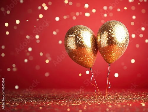 2025 metallic gold balloons on a red surface with scattered golden confetti selective focus New Year s celebration theme dynamic blend mode rooftop fireworks backdrop photo