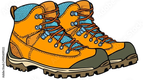 A clip art of a pair of hiking boots with laces tied on a white background