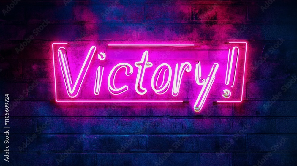 Stylized neon Victory! sign, simple layout, with copy space on a dark background


