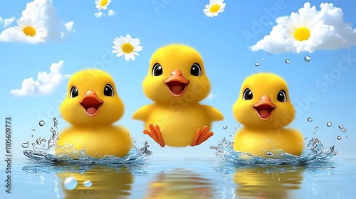 A clip art of a peaceful lake scene with ducks swimming on a white background photo