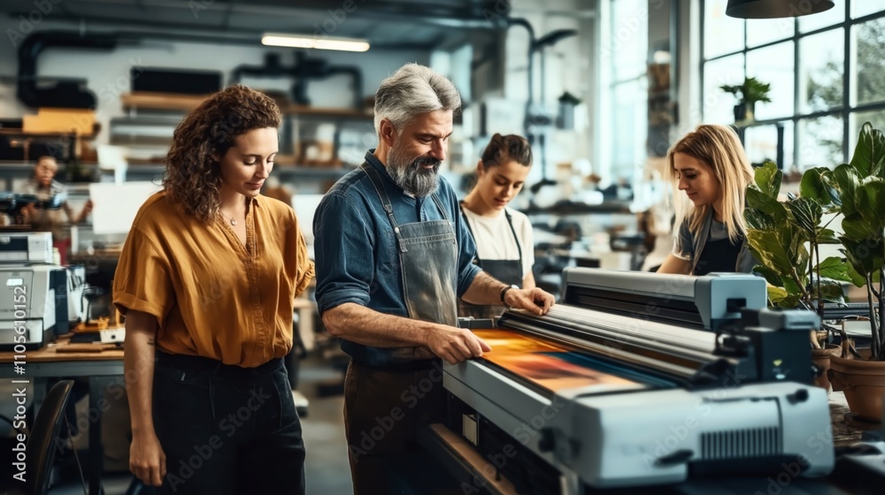 Group of four people in an industrial setting collaborating with a large format printer, focusing on color print adjustments and teamwork. Group of four people in an industrial setting collaborating with a large format printer, focusing on color print adjustments and teamwork.