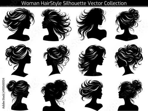 Set of Woman Hair Style Silhouette Vector Illustration