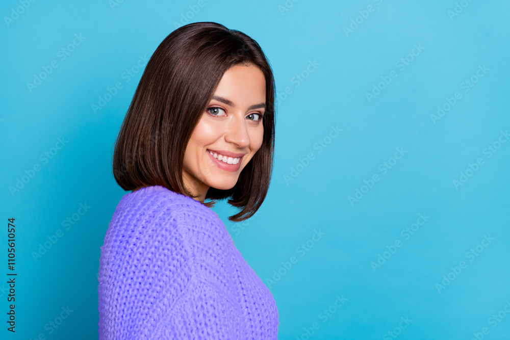 Profile side view portrait of attractive cheerful cute girl copy empty blank space isolated over bright blue color background Profile side view portrait of attractive cheerful cute girl copy empty blank space isolated over bright blue color background