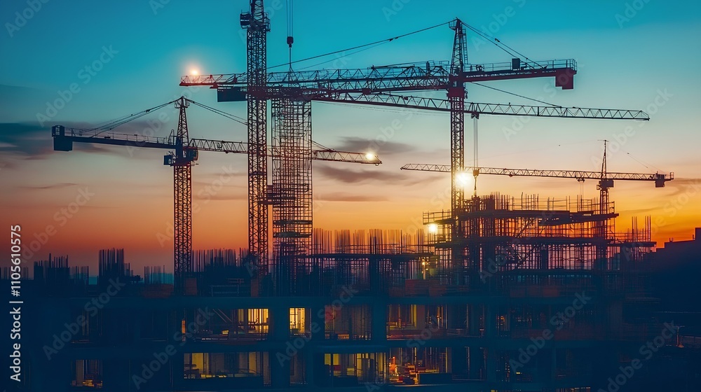 Industrial Construction Site at Sunset with Cranes and Silhouetted Framework against a Colorful Sky Industrial Construction Site at Sunset with Cranes and Silhouetted Framework against a Colorful Sky