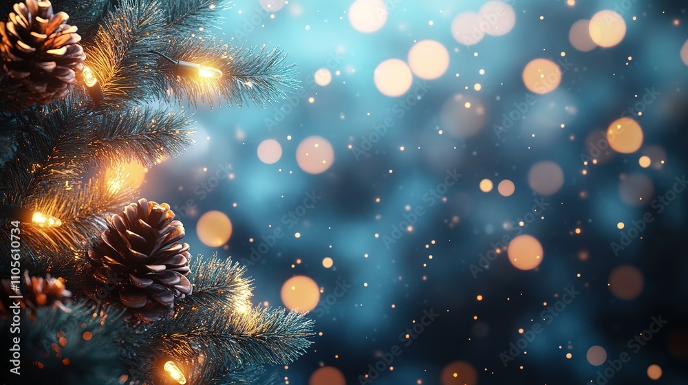 Festive pine branch with lights and pinecones on bokeh background. Festive pine branch with lights and pinecones on bokeh background.