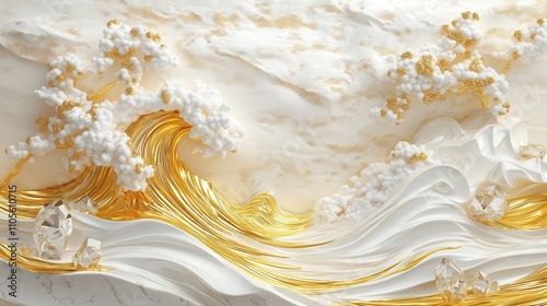Luxury wallpaper design. White, gold waves create sense of movement. Soft white clouds, gold crystals add touch of elegance. 3d mural wallpaper perfect for modern homes. Marble texture adds touch of