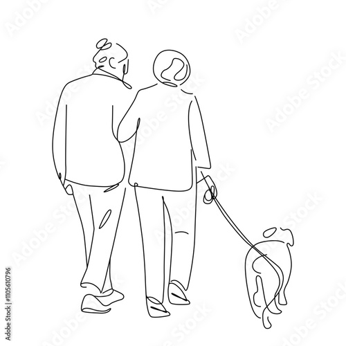 One line art of an elderly couple walking with dog vector art illustration