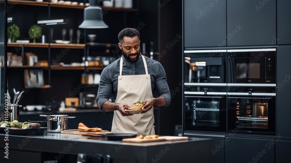 Man in apron preparing food in modern kitchen with sleek appliances and dark cabinetry, standing at countertop with bread and vegetables