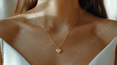 Woman Wearing Delicate Gold Heart Necklace