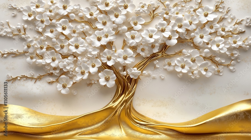 Golden tree with white flowers. Decorative 3d mural wallpaper. Luxury design. Elegant floral pattern. High quality ai generated image. Ideal for home decor. Modern art. Interior design.