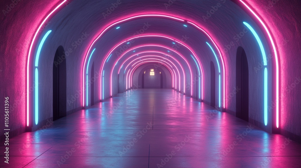 Modern Corridor with Pink and Blue Neon Lights, Futuristic Architecture Design Modern Corridor with Pink and Blue Neon Lights, Futuristic Architecture Design