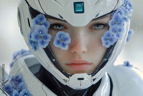 Portret of woman in a futuristic helmet with a serious expression is looking into a kameta. on her face are blue flowers that peek out from under the helmet. photo