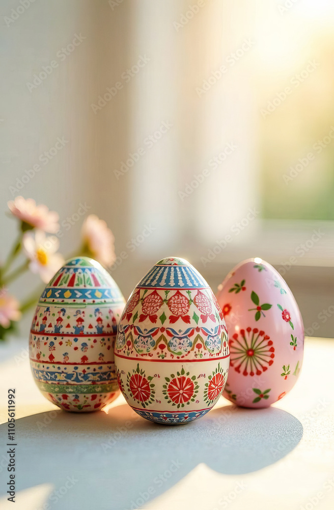 Easter eggs decorated for the holiday on a light background.