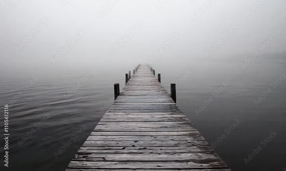 Serene Wooden Pier Extending into Calm Misty Lake with Tranquil Overcast Sky and Endless Horizon : Generative AI Serene Wooden Pier Extending into Calm Misty Lake with Tranquil Overcast Sky and Endless Horizon : Generative AI