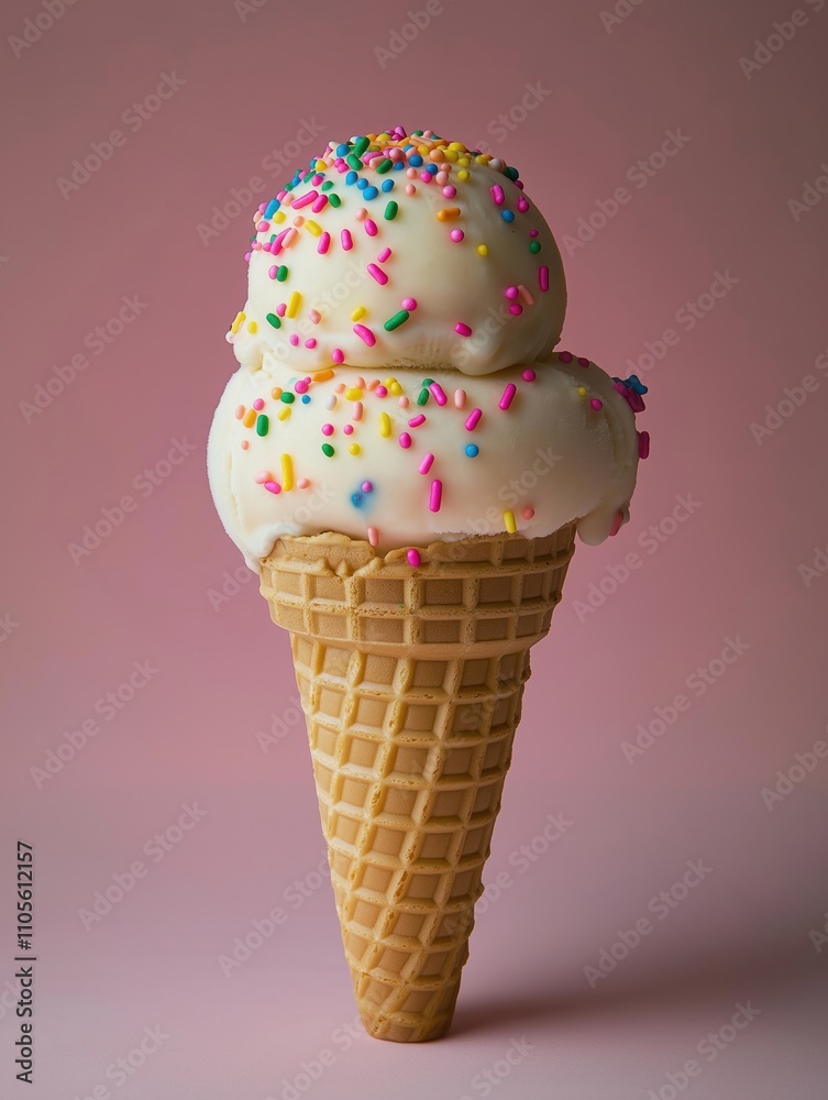 Ice cream cone with sprinkles. Vanilla ice cream scoops in waffle cone. Brightly colored sprinkles decorate the ice cream. Solid pink background. Simple food subject. Sweet dessert. Kids treat. Ice cream cone with sprinkles. Vanilla ice cream scoops in waffle cone. Brightly colored sprinkles decorate the ice cream. Solid pink background. Simple food subject. Sweet dessert. Kids treat.