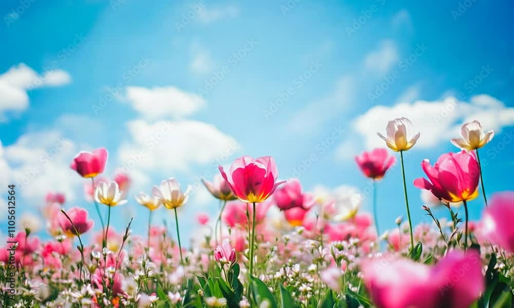 Vibrant Field of Pink Tulips and Wildflowers Against Clear Blue Sky : Generative AI Vibrant Field of Pink Tulips and Wildflowers Against Clear Blue Sky : Generative AI