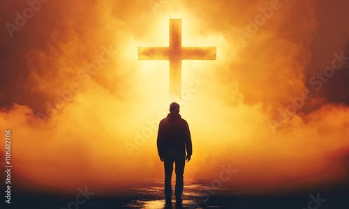 Silhouette of Man Walking towards Radiant Cross in Golden Misty Atmosphere Spiritual Journey : Generative AI