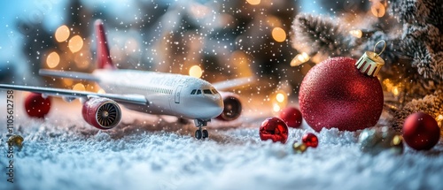 Travel passport and toy airplane surrounded by Christmas decorations placed on a soft pastel background selective focus wanderlust holiday theme futuristic manipulation airport lou photo